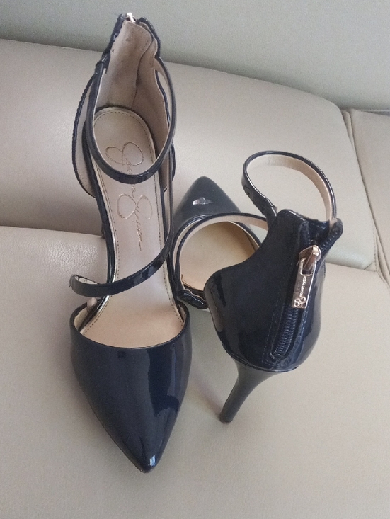 Jessica Simpson Shoes - Jessica Simpson Navy Patent Pointed-Toe Ankle-Strap Heels